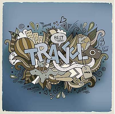 EPS 해외이미지 여행 일러스트 사람없음 지구본 꼬리표 카메라 열기구 낙서 가득함 레터링 해외202309 해외일러스트 항공교통 전자제품 라벨 파일형식 벡터