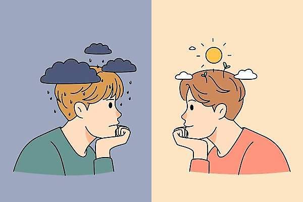 EPS 해외이미지 남자 일러스트 스트레스 피곤 미소 상반신 성인 두명 태양 새싹 턱괴기 기쁨 찡그림 비구름 우울감 성인남자만 조울증 해외202309 해외일러스트 자연요소 식물 감정 컨셉 모션 표정 사람 질병 먹구름 남자만 성인만 파일형식 벡터 구름_자연