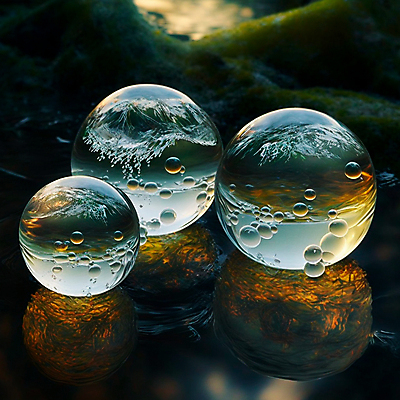 포토 JPG 해외이미지 호수 물결 자연 산 사람없음 반사 물방울 원형 신비 물거품 유리구슬 몽환 해외202309 해외포토 도형 컨셉 유리 거품 구슬 생태계 파일형식