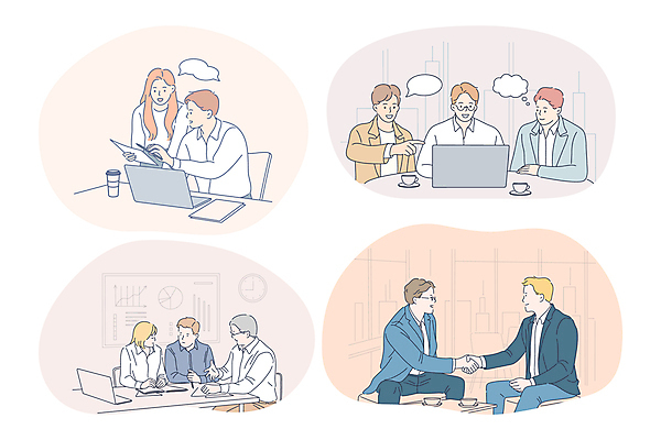 EPS 해외이미지 여자 남자 커피 말풍선 의자 일러스트 비즈니스 그래프 악수 앉기 여러명 상반신 성인 노트북 손잡기 거래 가리킴 커피잔 책상 성인만 해외202309 해외일러스트 음료 가구 다수 모션 잔 사람 손짓 전자제품 파일형식 벡터