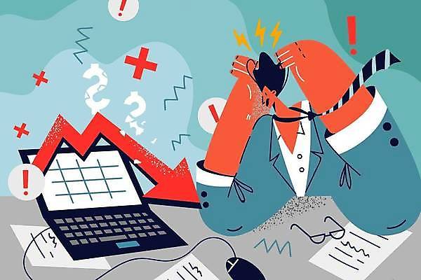 EPS 해외이미지 남자 화살표 일러스트 비즈니스 스트레스 한명 상반신 성인 노트북 컴퓨터 비즈니스맨 하락 불안 고민 투자 공포 문제 위기 성인남자한명만 해외202309 해외일러스트 1 감정 컨셉 사람 전자제품 직장인 남자한명만 성인남자만 파일형식 벡터