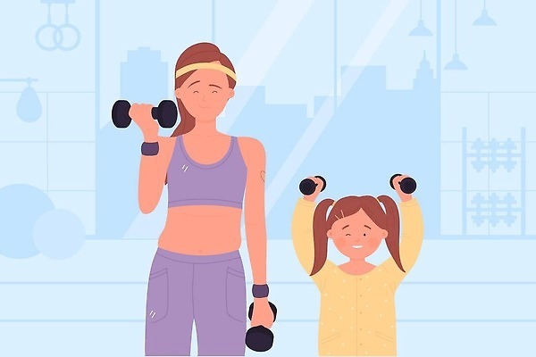 EPS 해외이미지 여자 어린이 일러스트 모녀 함께함 들기 상반신 성인 두명 운동복 운동 아령 자기관리 여자만 해외202309 해외일러스트 옷 딸 컨셉 가족 모션 엄마 건강 사람 파일형식 벡터