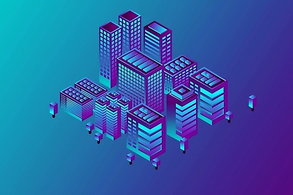 EPS 해외이미지 백그라운드 일러스트 빌딩 사람없음 건물 파란색 보라색 도시 네온 그라데이션 아이소메트릭 해외202309 해외일러스트 건축물 컬러 파일형식 벡터