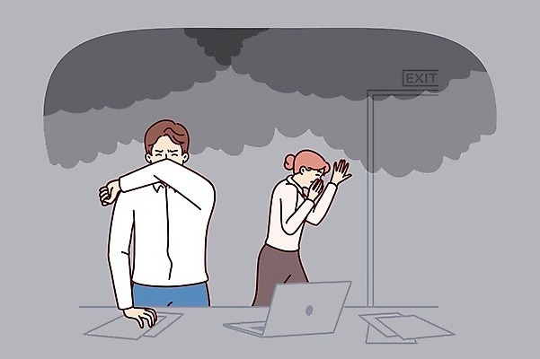 EPS 해외이미지 여자 남자 일러스트 상반신 성인 두명 사무실 비즈니스맨 연기 위험 사건 화재 입가림 성인만 해외202309 해외일러스트 컨셉 비즈니스 사람 가림 직장인 파일형식 벡터