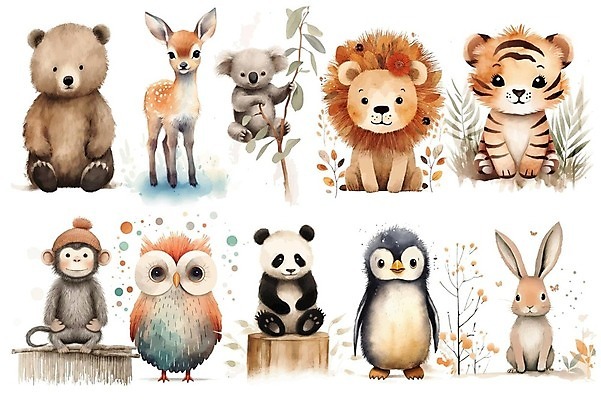 EPS 해외이미지 일러스트 곰 사슴 사람없음 귀여움 원숭이 토끼 풀잎 호랑이 사자 판다 펭귄 번짐 부엉이 코알라 해외202309 해외일러스트 동물 컨셉 잎 포유류 조류 반려동물 풀_식물 파일형식 벡터 효과
