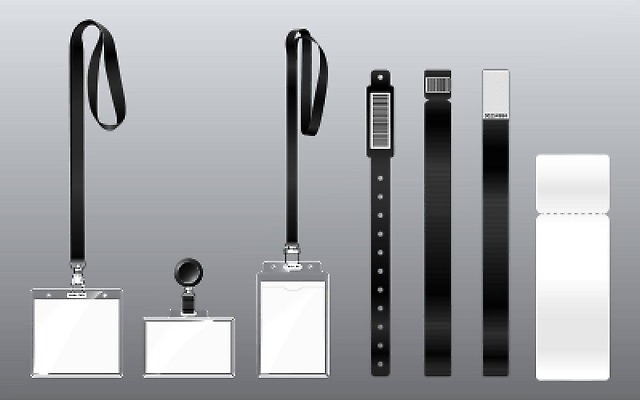 EPS 해외이미지 리본 줄 일러스트 팔찌 사람없음 세트 검은색 축제 콘서트 티켓 배지 사원증 목업 해외202309 해외일러스트 컬러 비즈니스 장신구 공연 파일형식 벡터