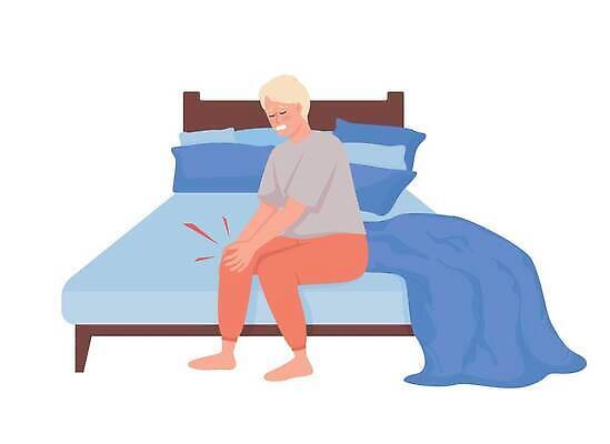 EPS 해외이미지 여자 일러스트 베개 건강 한명 성인 이불 침대 무릎통증 성인여자한명만 무릎구부리기 해외202309 해외일러스트 1 포즈 가구 침구 사람 고통 여자한명만 성인여자만 파일형식 벡터