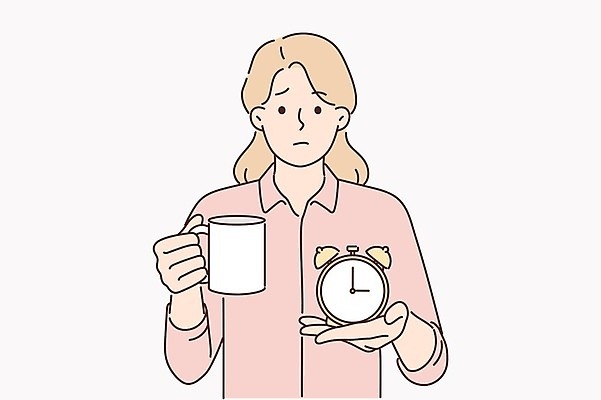 EPS 해외이미지 여자 일러스트 한명 상반신 성인 컵 자명종 고민 성인여자한명만 해외일러스트 1 식기 감정 시계 사람 알람 여자한명만 성인여자만 파일형식 벡터