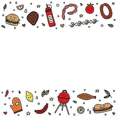 EPS 해외이미지 디자인 포스터 백그라운드 일러스트 어류 스테이크 사람없음 햄버거 소시지 꼬치 낙서 손그림 바베큐그릴 해외202309 해외일러스트 패스트푸드 서양음식 수중동물 가공식품 그릴 바비큐 파일형식 벡터