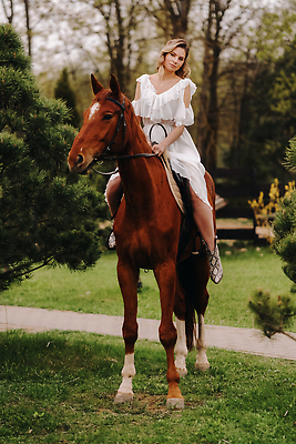 포토 JPG 해외이미지 전신 나무 드레스 여자 한명 앉기 성인 야외 잡기 말_동물 승마 성인여자한명만 해외202309 해외포토 식물 1 옷 스포츠 포유류 모션 사람 여자한명만 성인여자만 파일형식