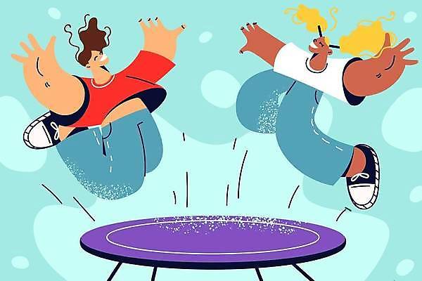 EPS 해외이미지 전신 라이프스타일 여자 일러스트 놀이 성인 두명 점프 만세 즐거움 성인여자만 트럼플린 해외202309 해외일러스트 감정 모션 사람 생활 놀이용품 여자만 성인만 파일형식 벡터