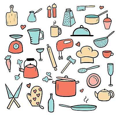 EPS 해외이미지 모자 그릇 접시 손 디자인 커피 음식 컬러 일러스트 유리 주전자 저울 요리 컵 세트 컬러풀 주방 식당 요리사 빵집 장비 머그컵 튀김 기구 공구 칼 낙서 냄비 수증기 찻주전자 스케치 수집 믹서 오브젝트 국자 레시피 고립 끓이기 엘리먼트 캡모자 벡터 해외202309 해외일러스트 직업 모자_잡화 식기 잡화 음료 모션 재질 주방용품 미술 신체부위 상점 도구 솥 파일형식