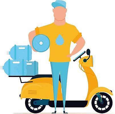 EPS 해외이미지 허리손 일러스트 들기 성인 물 노란색 스쿠터 물방울 신선 물통 배송 해외202309 해외일러스트 자연요소 컬러 포즈 모션 사람 오토바이 파일형식 벡터