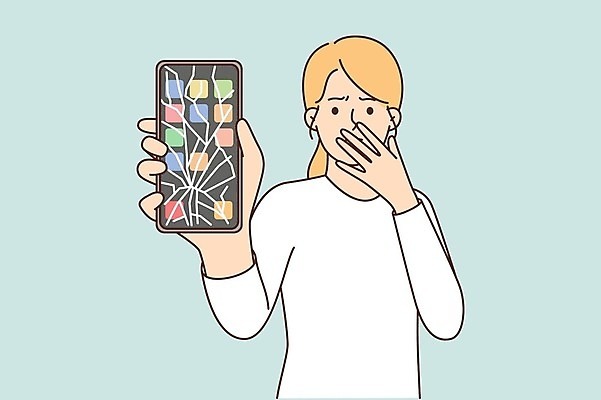 EPS 해외이미지 일러스트 들기 상반신 성인 스마트폰 균열 좌절 입가림 해외202309 해외일러스트 감정 컨셉 모션 사람 핸드폰 스마트기기 가림 파일형식 벡터