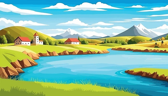 EPS 해외이미지 나무 일러스트 하늘 산 주택 사람없음 마을 봄 분위기 강가 해외202309 해외일러스트 식물 계절 컨셉 건물 강 파일형식 벡터