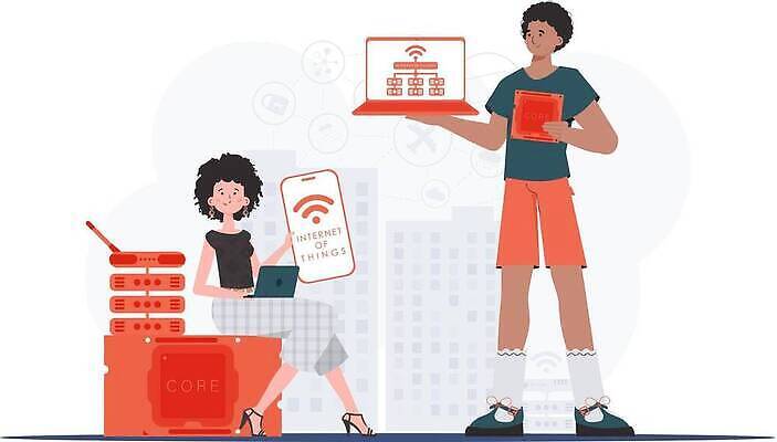 EPS 해외이미지 전신 여자 남자 일러스트 협력 들기 앉기 성인 두명 노트북 스마트폰 와이파이 사물인터넷 성인만 해외202309 해외일러스트 모션 정보기술 사람 전자제품 핸드폰 스마트기기 무선인터넷 파일형식 벡터