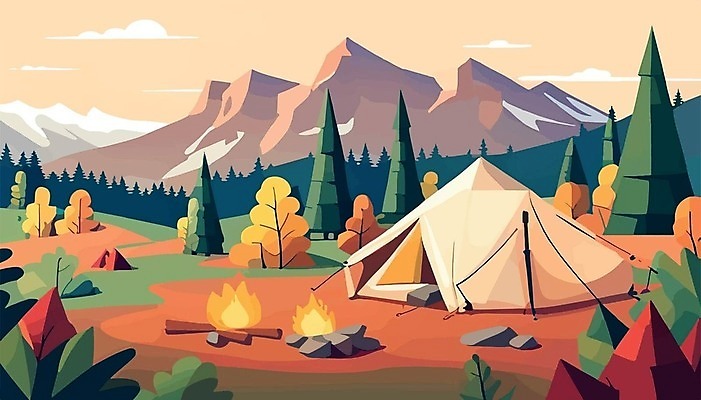 EPS 해외이미지 나무 여행 일러스트 산 텐트 사람없음 캠핑 모닥불 캠핑장 해외202309 해외일러스트 식물 불 레저 캠핑도구 파일형식 벡터