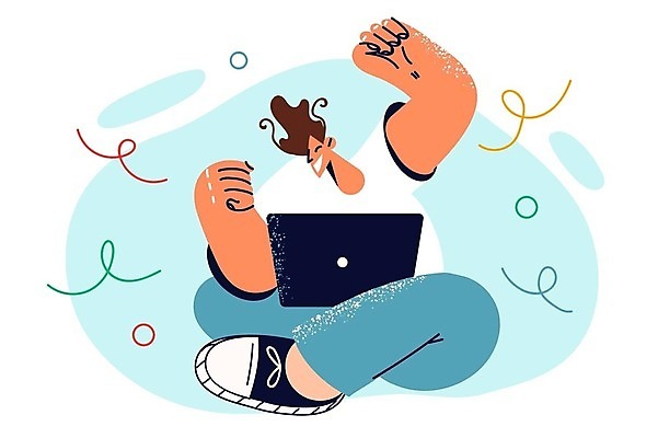 EPS 해외이미지 남자 행복 일러스트 성공 한명 앉기 성인 노트북 손들기 기쁨 비즈니스맨 성인남자한명만 해외202309 해외일러스트 1 감정 컨셉 비즈니스 모션 사람 전자제품 직장인 남자한명만 성인남자만 파일형식 벡터