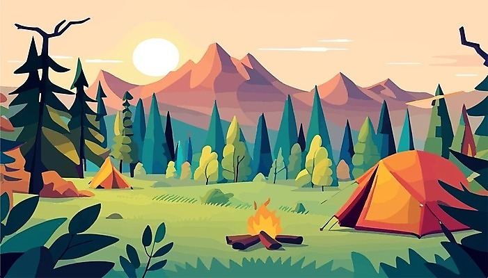 EPS 해외이미지 나무 여행 일러스트 산 텐트 사람없음 캠핑 모닥불 캠핑장 해외202309 해외일러스트 식물 불 레저 캠핑도구 파일형식 벡터