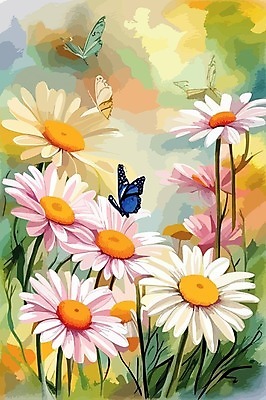 EPS 해외이미지 줄기 나비 일러스트 사람없음 봄 분위기 캐모마일 해외202309 해외일러스트 식물 계절 꽃 곤충 컨셉 허브 파일형식 벡터