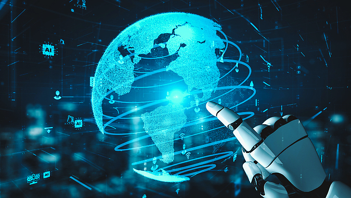 JPG 해외이미지 손 일러스트 미래 기술 신체부위 파란색 지구본 3D 디지털 터치 가리킴 네트워크 로봇 해외202309 해외포토 포토 컬러 컨셉 사람 손짓 디지털합성 파일형식