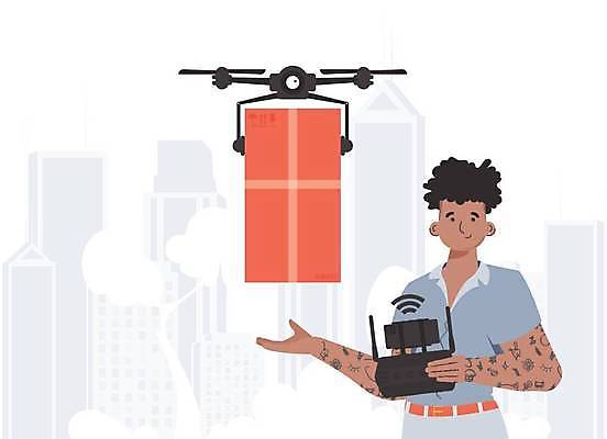 EPS 해외이미지 남자 일러스트 미래 한명 들기 손짓 상반신 성인 화물 스마트 배송 택배상자 로봇산업 드론 조종장치 성인남자한명만 해외202309 해외일러스트 1 산업 컨셉 모션 사람 상자 장비 운송업 로봇 택배 남자한명만 성인남자만 파일형식 벡터