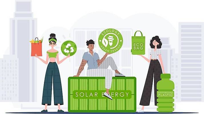 EPS 해외이미지 전신 여자 남자 잎 일러스트 서기 들기 앉기 성인 세명 초록색 재활용 원형 그린에너지 심볼 장바구니 에코 친환경 집열판 에코백 플라스틱병 성인만 해외202309 해외일러스트 도형 식물 컬러 가방 모션 사람 쇼핑 바구니 환경 에너지 플라스틱 태양에너지 병_담는 파일형식 벡터