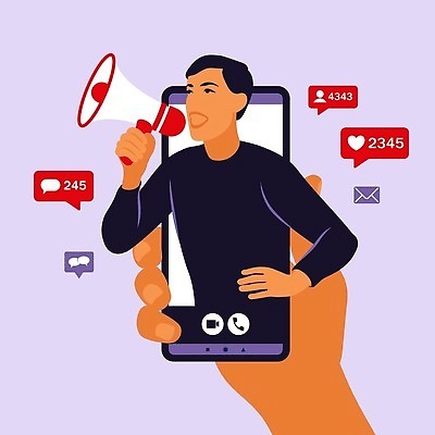 EPS 해외이미지 손 남자 허리손 말풍선 일러스트 비즈니스 한명 들기 성인 신체부위 확성기 알림 온라인 마케팅 소셜미디어 성인남자한명만 해외202309 해외일러스트 1 포즈 모션 사람 남자한명만 성인남자만 파일형식 벡터