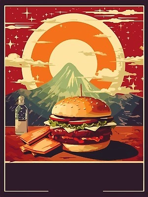 EPS 해외이미지 포스터 일러스트 산 패스트푸드 사람없음 태양 햄버거 빈티지 물병 복고 해외202309 해외일러스트 자연요소 컨셉 인스턴트 물통 파일형식 벡터