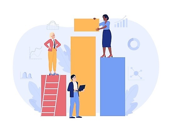 EPS 해외이미지 여자 남자 일러스트 사다리 그래프 성인 라이프 세명 금융 노트북 쌓기 성인만 해외202309 해외일러스트 모션 사람 생활 경제 전자제품 도구 파일형식 벡터