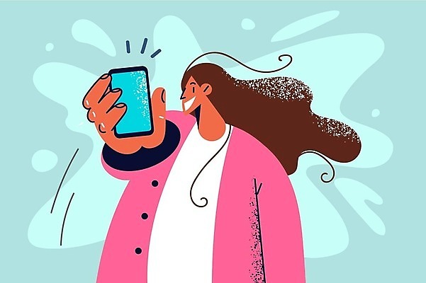 EPS 해외이미지 라이프스타일 여자 일러스트 한명 들기 상반신 성인 스마트폰 손내밀기 보여주기 성인여자한명만 해외202309 해외일러스트 1 모션 사람 손짓 생활 핸드폰 스마트기기 여자한명만 성인여자만 파일형식 벡터