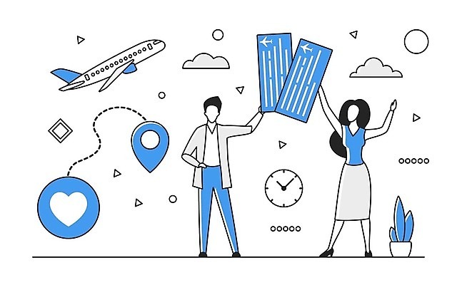 EPS 해외이미지 전신 여자 남자 여행 일러스트 비즈니스 비행기 성인 두명 파란색 디지털 정보 업무 스마트 분석 온라인 경영 데이터베이스 인터페이스 해외202310 해외일러스트 컬러 컨셉 항공교통 대중교통 사람 작업 파일형식 벡터