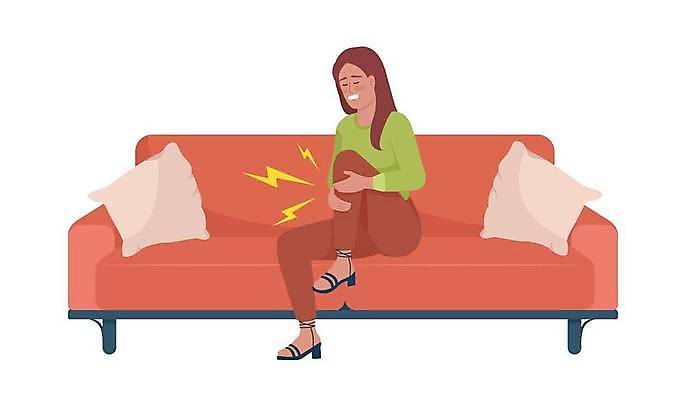 EPS 해외이미지 여자 쿠션 일러스트 건강 한명 앉기 성인 소파 무릎통증 성인여자한명만 무릎구부리기 해외202309 해외일러스트 1 포즈 의자 모션 사람 고통 여자한명만 성인여자만 파일형식 벡터