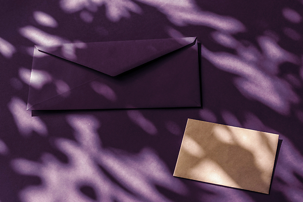 포토 JPG 해외이미지 종이 편지봉투 그림자 사람없음 햇빛 보라색 그늘 감성 카피스페이스 해외202309 해외포토 컬러 컨셉 봉투 태양 공백 편지 파일형식