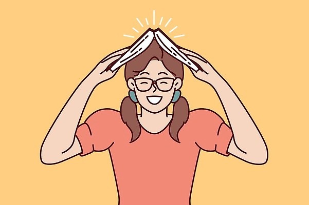 EPS 해외이미지 여학생 여자 교육 일러스트 청소년 한명 웃음 들기 상반신 10대 책 독서 스마트 머리위 십대여자한명만 안경낌 해외202309 해외일러스트 1 학생 안경 컨셉 모션 표정 사람 여자한명만 십대여자만 파일형식 벡터