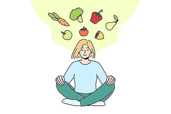 EPS 해외이미지 전신 여자 토마토 일러스트 파프리카 한명 성인 당근 사과 브로콜리 레몬 유기농 가부좌 건강식 성인여자한명만 해외202309 해외일러스트 1 웰빙 음식 채소 과일 뿌리채소 사람 앉기 여자한명만 성인여자만 파일형식 벡터