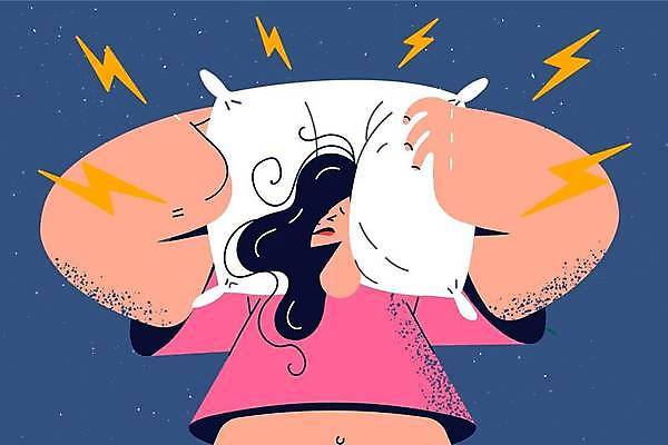 EPS 해외이미지 여자 일러스트 베개 스트레스 피곤 한명 상반신 성인 찡그림 귀막기 소음 번개모양 성인여자한명만 해외202309 해외일러스트 모양 1 컨셉 침구 표정 사람 손짓 소리 번개 여자한명만 성인여자만 파일형식 벡터