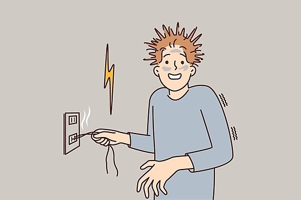 EPS 해외이미지 남자 일러스트 한명 상반신 성인 콘센트 당황 감전 번개모양 성인남자한명만 해외202309 해외일러스트 모양 1 감정 사람 번개 사건 남자한명만 성인남자만 파일형식 벡터