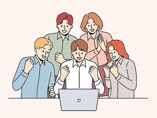 EPS 해외이미지 여자 남자 행복 와이셔츠 일러스트 비즈니스 응원 여러명 성인 노트북 주먹 기쁨 축하 성인만 해외202309 해외일러스트 감정 다수 컨셉 셔츠 모션 사람 전자제품 파일형식 벡터