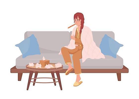 EPS 해외이미지 여자 쿠션 일러스트 탁자 건강 한명 앉기 성인 소파 화장지 체온계 담요 성인여자한명만 해외202309 해외일러스트 1 가구 의자 모션 사람 온도계 여자한명만 성인여자만 파일형식 벡터