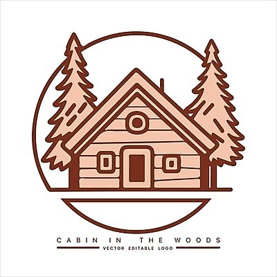 EPS 해외이미지 나무 선 일러스트 사람없음 원형 숲속 오두막 심볼 살구색 해외202309 해외일러스트 도형 식물 컬러 숲 파일형식 벡터