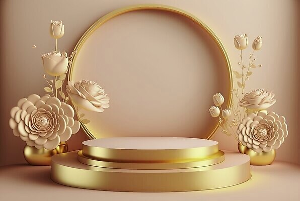 포토 JPG 해외이미지 꽃 분홍색 백그라운드 사람없음 3D 금색 원형 광택 단상 파스텔톤 포디움 해외202309 해외포토 도형 식물 컬러 무대 디지털합성 파일형식