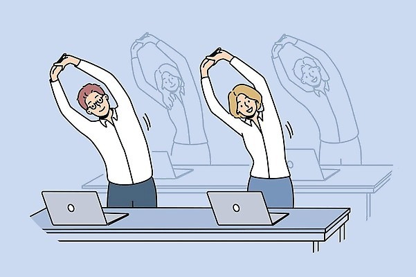 EPS 해외이미지 여자 남자 와이셔츠 일러스트 비즈니스 성인 두명 노트북 손들기 스트레칭 깍지 책상 성인만 해외202309 해외일러스트 가구 셔츠 모션 사람 손짓 전자제품 운동 파일형식 벡터