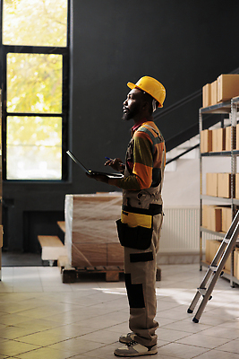 포토 JPG 해외이미지 전신 응시 남자 흑인 노동자 실내 한명 들기 성인 옆모습 노트북 상자 작업 안전모 물류창고 성인남자한명만 해외202309 해외포토 서양인 직업 1 시선 뷰포인트 모션 사람 내부 전자제품 헬멧 안전장비 창고 남자한명만 성인남자만 파일형식