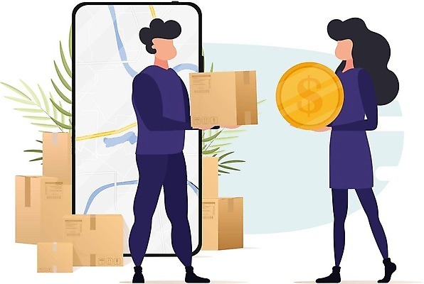 EPS 해외이미지 전신 여자 남자 유니폼 일러스트 들기 성인 두명 동전 배송 택배 택배상자 성인만 해외202309 해외일러스트 옷 돈 모션 사람 상자 운송업 파일형식 벡터