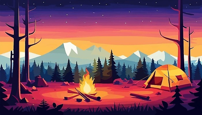EPS 해외이미지 나무 여행 일러스트 산 텐트 사람없음 캠핑 모닥불 캠핑장 해외202309 해외일러스트 식물 불 레저 캠핑도구 파일형식 벡터