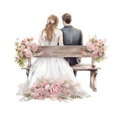 EPS 해외이미지 커플 여자 남자 꽃 웨딩드레스 벤치 일러스트 결혼식 앉기 정장 성인 두명 신랑신부 성인만 해외202309 해외일러스트 식물 드레스 옷 신부_웨딩 신랑 결혼 의자 관계 모션 사람 파일형식 벡터