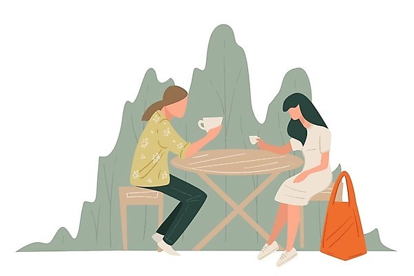 EPS 해외이미지 전신 나무 여자 가방 일러스트 들기 앉기 성인 두명 식사 카페 커피잔 나무의자 풀숲 나무탁자 성인여자만 해외202309 해외일러스트 식물 잡화 커피 의자 모션 탁자 잔 사람 목재 상점 숲 여자만 성인만 파일형식 벡터