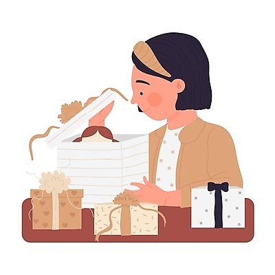 EPS 해외이미지 여자 행복 리본 어린이 인형 일러스트 한명 앉기 상반신 선물상자 머리띠 오픈 소녀한명만 해외202309 해외일러스트 1 감정 장신구 모션 선물 사람 상자 여자한명만 소녀만 파일형식 벡터