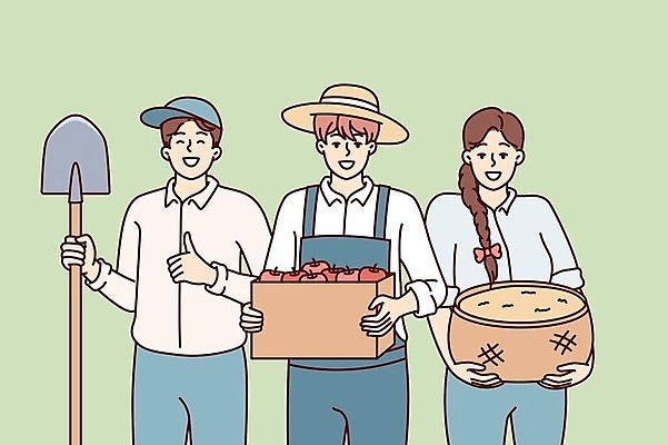 EPS 해외이미지 여자 남자 일러스트 들기 상반신 성인 세명 상자 바구니 농사 수확 사과 농부 삽 따봉 성인만 해외202309 해외일러스트 직업 농업 과일 모션 사람 최고 파일형식 벡터